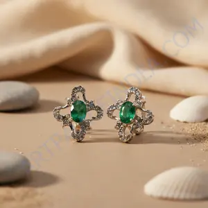Trendy <b>Emerald</b> <b>Stud</b> <b>Earrings</b> in Silver Religious Gemstone Jewelry with Diamond Quartz Pearl Gold Rhodium Plating for Women Gift - Product Image 2