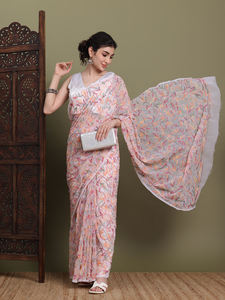 Elegante Georgette Chikan trabajo hecho a mano sari con blusa talla única viscosa estilo tradicional para fiesta ropa India pakistaní - Product Image 4