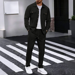 Men’s Waffle Knit Two-Piece Set European & American Style Autumn Outfit <b>Long</b> Sleeve <b>Cardigan</b> & Pants, Solid Color Workwear with - Product Image 3