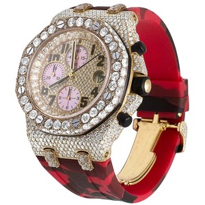Montre de luxe à moitié glacée avec diamants de laboratoire, deux tons, bracelet en caoutchouc rouge, cadran de date, résistant à l'eau, édition limitée, les plus vendues - Product Image 3