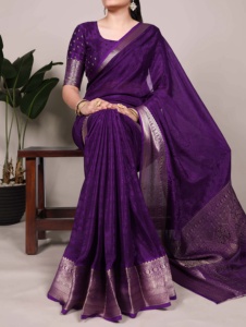 Cao cấp chinon Saree tính năng tự in thiết kế với zari dệt và phối hợp áo bán buôn thời trang xuất khẩu - Product Image 6