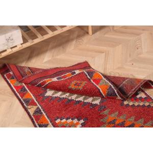 Alfombra Vintage Herki, Alfombra Turca de 2.8x11.7 pies, Alfombra de Lana con Estampado Animal Rojo - Product Image 5