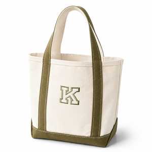 MORGANS INDUSTRIES <b>Canvas</b> <b>Tote</b> Bag with Embroidered K Letter Preppy Style Zipper Closure <b>Canvas</b> Lining Olive Green Trim - Product Image 1