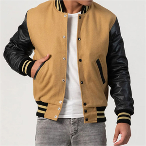 Camel Brown & Black Design Varsity Letterman Chaquetas con color personalizado y logotipo Mangas de cuero Warm Varsity Jacket para unisex - Product Image 3