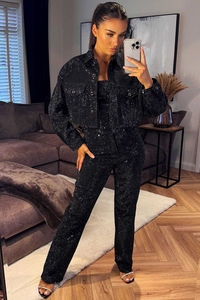 <b>Women</b> Black Rhinestone Denim <b>Jacket</b> <b>Sparkling</b> Crystal Beaded Jean Coat Cropped Shimmer Outerwear Luxury Streetwear <b>Jacket</b> - Product Image 2