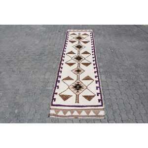 Turkish 3x11.1 ft Rug, Runner Vintage Rug, <b>Brown</b> White Plants & trees <b>Wool</b> Rug - Product Image 1