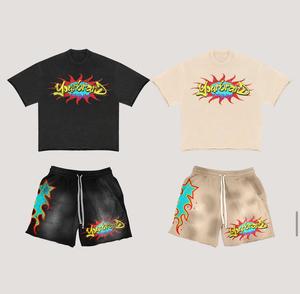 Vintage lavé à l'acide deux pièces ensemble hommes Streetwear sérigraphié Shorts t-shirts Patch surdimensionné T-Shirt bord brut Shorts grande taille - Product Image 1