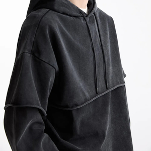 Nouvel arrivage Dernier style Hommes Acid Washed Double Sleeve Hoodie Meilleur Streetwear Coton Polaire Pull à capuche - Product Image 4
