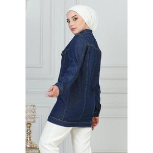 Veste en jean surdimensionnée durable boutonnée avec empiècements matelassés, logo personnalisable, en cuir de mouton, taille XL, pour l'automne, à capuche, patchwork - Product Image 4