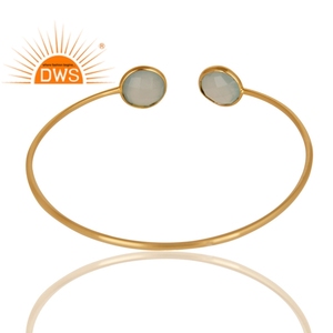 Latest Design Sterling Silver 18K Gold Plated Natural Aqua Chalcedony Gemstone Cuff Bangle Demi Fine Jewelry Manufacturer - Product Image 3