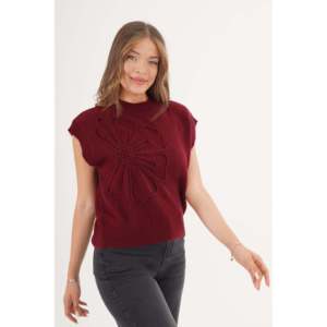 Pull en tricot bordeaux pour femmes avec motif marguerite en gros - Product Image 5