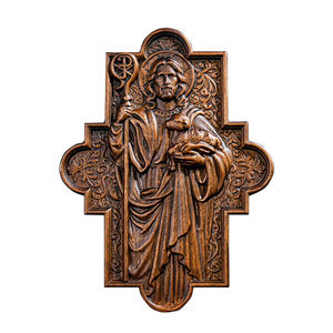 भगवान चरवाहा लकड़ी का क्रॉस डेकोर, हाथ से नक्काशीदार जेस्स, मेमने की दीवार फांसी के साथ, ईसाई आशीर्वाद घर शिल्प - Product Image 1