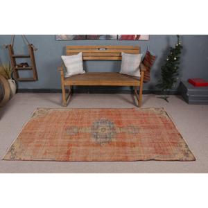 Alfombra de 3.7x6.8 pies, Alfombra Turca Vintage, Alfombra a Cuadros Naranja y Azul - Product Image 2