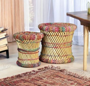 Tabouret de canne en bambou fait à la main Sarkanda Cane Muddha Lot de deux tabouret ottoman coloré pour salon extérieur jardin parc incrustation d'os - Product Image 4