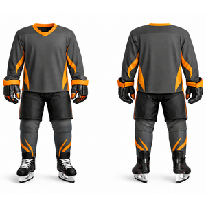 Uniforme de hockey sur glace gris foncé et orange OEM - Concevez votre propre logo, vêtements de sport, maillot d'entraînement professionnel à panneaux incurvés - Product Image 3