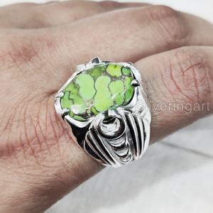 Anillo de exportación para hombre, cobre verde Natural, piedra preciosa turquesa, anillo de piedra natal de diciembre, joyería oriental pesada, anillo de Plata de Ley 925 - Product Image 1