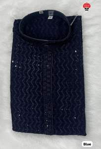 Festival tradicional para hombres Rayon Chikan Work Kurta con estampado dibujado a mano Conjunto de pijama de algodón por exportación en India para adultos - Product Image 6