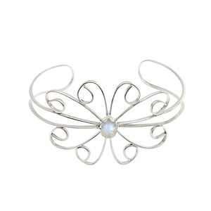 Blue Fire White Rainbow Moonstone <b>Flower</b> Design Adjustable Cuff Bangle Solid 925 Sterling Silver Fine Bracelet Jewelry Wholesale - Product Image 1
