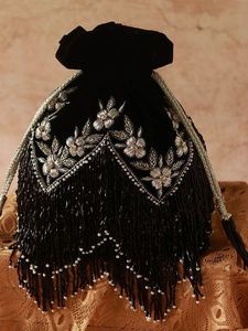 New-Designer <b>Black</b> Velvet Fabric Potli <b>Bag</b> Embellished Pearls Crystal Glass Beads Embroidery Work for Party/Wedding-2024 Silk - Product Image 2