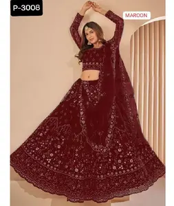 Nuevo diseñador de ropa de mujer Bordado pesado y cadena de trabajo de secuencia Diseño Material de red Lehenga Choli para mujer Ropa de boda