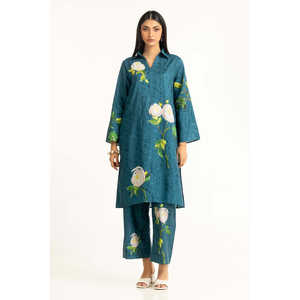 Ensemble coordonné imprimé jacquard en viscose vert sarcelle pour femme, collection printemps/été, taille XS, col ras du cou, tenue deux pièces trois-quarts en crêpe - Product Image 2