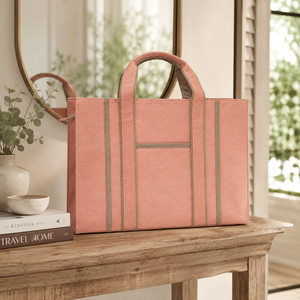 Custom <b>Peach</b> Jute Cotton Blend Organizer Tote Bag 46x34x13 cm Pocket Screen Print Logo Wholesale OEM ODM Private Label Supplier - Product Image 3