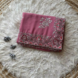 Diseñador indio puro suave Georgette seda Saree hermoso bordado trabajo secuencia borde para bodas fiestas desgaste - Product Image 1