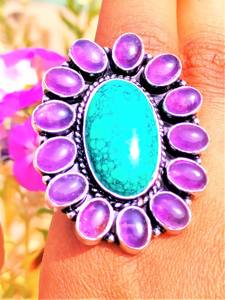 Turquoise and Amethyst Gemstone <b>Ring</b> in 925 Sterling <b>Silver</b> Handmade Oval Shape <b>Boho</b> <b>Ring</b> Gift for Her - Product Image 2