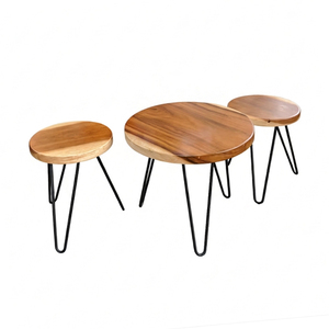 Juego de Mesa de Centro Redonda Minimalista de Madera Suar con Patas de Horquilla, Acabado Natural, Muebles de Sala de Estar, Diseño Moderno - Product Image 1