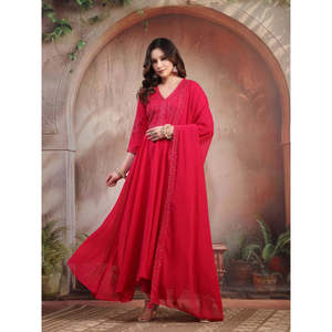 ชุดอานาร์กาลีปักลายสีชมพูสำหรับผู้หญิง พร้อมผ้าคลุมไหล่ สำหรับงานเทศกาล งานเลี้ยงสังสรรค์ สไตล์ปากีสถาน - Product Image 1