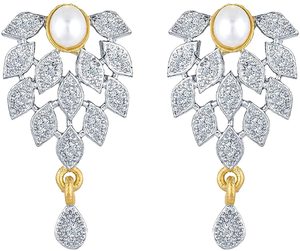Indian Stainless Steel Brass AD CZ Gold <b>Silver</b> Plated Leaf Design <b>Long</b> Pendant <b>Earrings</b> Wedding Anniversary Parties Steel Leaf - Product Image 1