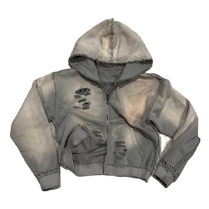 Sudaderas con capucha para hombre 500 Gsm Heavyweight Terry Acid Wash con doble cremallera, diamantes de imitación desgastados personalizados, nuevo estilo, 100% algodón, Invierno - Product Image 1