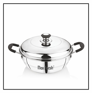 Maxfresh Extra Deep Multi Kadai, design moderne en acier inoxydable, compatible gaz et induction, avec couvercle à fond sandwich, utilisable avec 3 plaques - Product Image 1