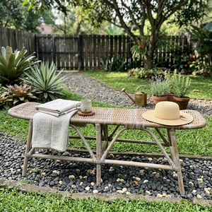 New Modern Minimalist Rhodes III Kuboo Rattan <b>Bench</b> Natural Cane Frame Woven Grey Rattan Long <b>Bench</b> Dining Living Room Patio - Product Image 3
