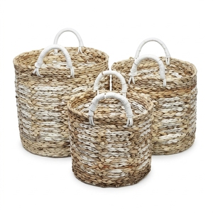 Juego de Cestas de Almacenamiento de Jacinto de Agua Tejidas a Mano Naturales con Asas Envolventes y Detalles Blancos, para Macetas, Lavandería y Decoración, Diseño de Arte Puro - Product Image 3