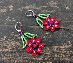 Pendientes Huichol de flores, pendientes mexicanos, joyería Huichol, pendientes con cuentas de semillas, pendientes de flores hechos a mano, pendientes florales rojos - Product Image 2