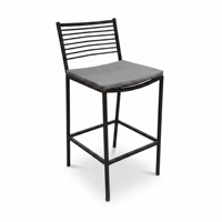 Tabouret de bar moderne et durable en métal thermolaqué, avec rembourrage en mousse moulée, siège en similicuir gris, accoudoirs fixes, design minimaliste pour
