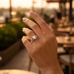 Anillo de Compromiso Solitario de Plata para Mujer, Corte Redondo, Diamante, Platino, Baño de Rodio, Forma Geométrica de Pera, Corte Marquesa - Product Image 1