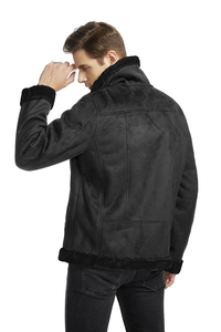 <b>Men's</b> Genuine Leather Moto <b>Jacket</b> Black <b>Sherpa</b> Lining Stand Collar Casual Zipper Closure Winter Windproof Regular Fit - Product Image 2