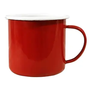 Tasse en fer artisanale pour le service à café, tasse en fer avec revêtement couche supérieure rouge et sous tasse en émail blanc à vendre