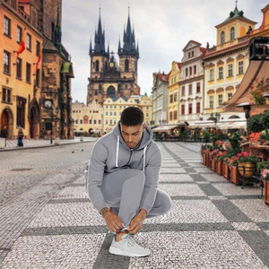 ชุดวอร์มฤดูหนาวของผู้ชายผ้าฝ้ายมีฮู้ดเอวยางยืดมีสีเทาไซส์ใหญ่พิเศษชุดเทรนนิ่งแบบลำลองมีกระเป๋าข้าง - Product Image 6