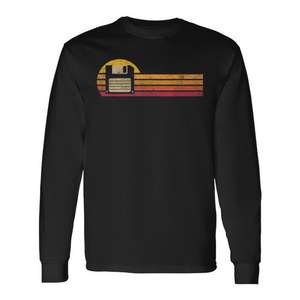 T-shirt à manches longues style vintage avec silhouette de disquette rétro, coucher de soleil des années 80 - Product Image 1