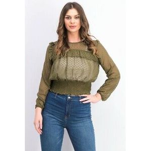 Top da donna Love Fire con ricamo floreale, verde tinta unita, taglia S, con balze, stile smock, in lino lavorato a maglia, Y2K, per primavera autunno - Product Image 1