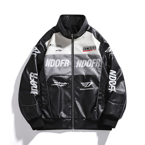 Chaqueta de cuero de motocicleta de carreras para hombre con logotipo personalizado OEM al por mayor, nuevo estilo, tela de lona de piel de oveja con cuello levantado de bloque de color - Product Image 2