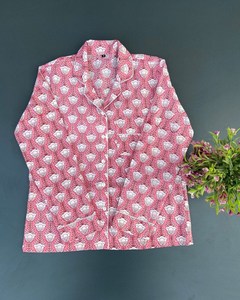 Women's Ultra-Soft Cotton <b>Pajama</b> Set Hand Block Floral Print Night Dress Long Length Button Decoration Comfortable Light Wear - Product Image 3