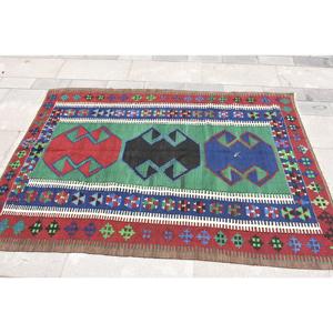 4.1x6 ft Area Vintage Rug, Turkish Rug, <b>Red</b> Blue Moroccan <b>Wool</b> Rug - Product Image 3