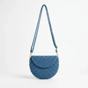 Bolso Bandolera de Media Luna con Cuentas, Azul, Hecho a Mano, con Cierre de Solapa, para Uso Diario Informal - Product Image 1