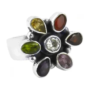 Bague de cocktail pour femme avec grappe de fleurs et diamants multicolores, en argent 925, sertie à griffes, plaquée argent, style bohème, pour usage quotidien - Product Image 3