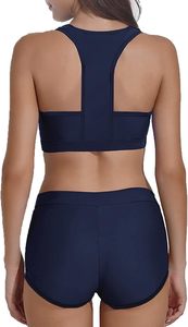 ชุดว่ายน้ำ2ชิ้นแบบพันรอบคอสำหรับผู้หญิงชุดว่ายน้ำบิกินีแบบสปอร์ตพร้อมกางเกงขาสั้นแบบบอยชอร์ตคอตักคอ - Product Image 3