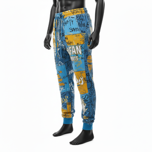 กางเกงจ็อกเกอร์ผ้าฝ้ายผสมลายกราฟฟิตี้ของผู้ชายสีฟ้าสีเหลืองแผ่นปะติดและโลโก้แบบกำหนดเองได้ - Product Image 3